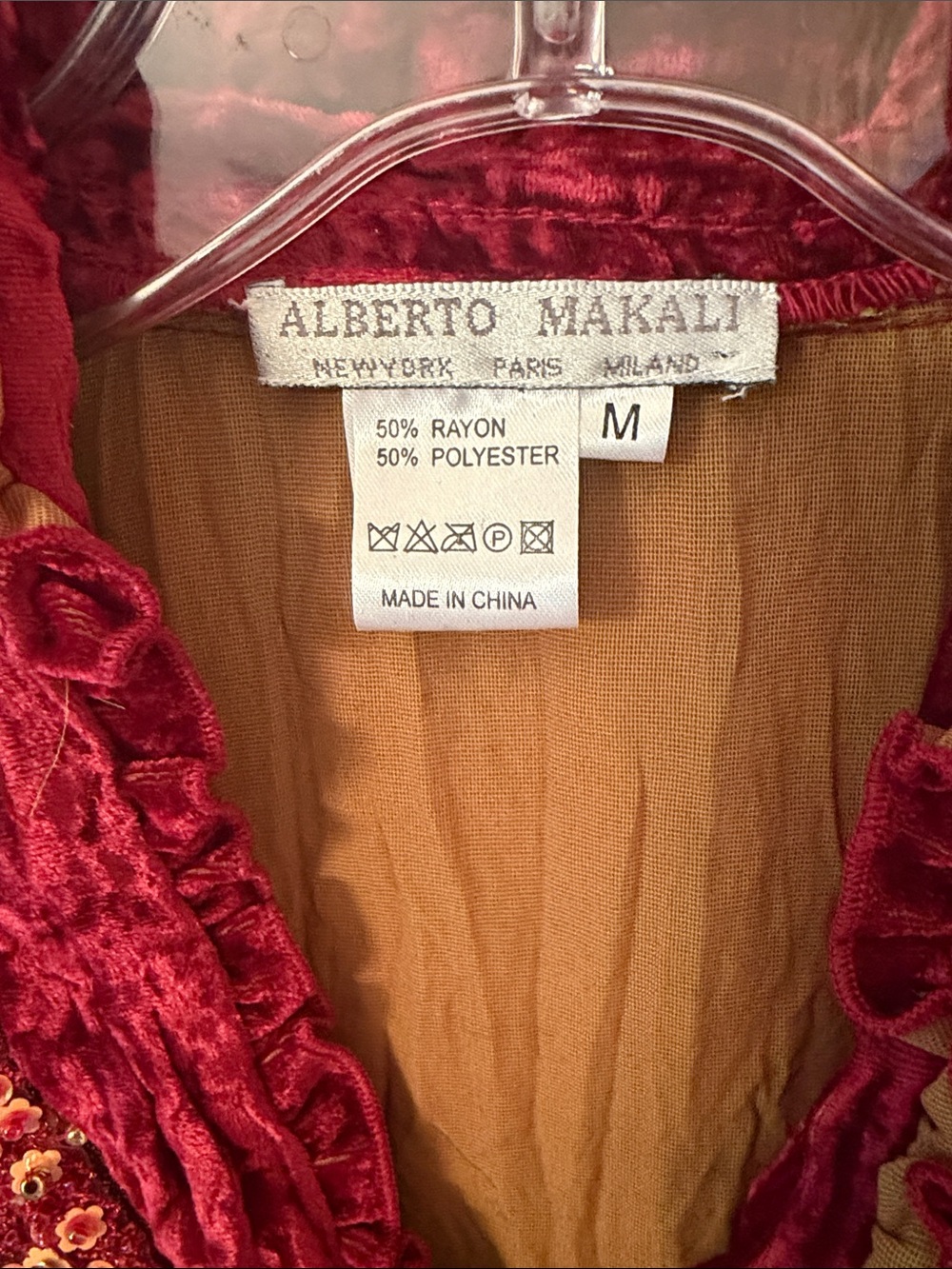 Alberto Makali Red Crushed Velvet Ruffled Blouse with Sequin Trim - Picture 2 of 8